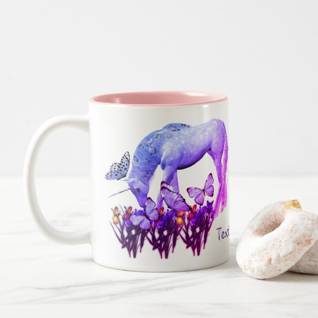Unicorn Butterflies Fantasy Art Personalized  Two-Tone Coffee Mug (With Donut)