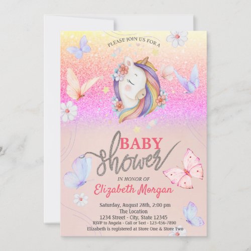 Unicorn Butterflies Glitter Baby Shower Invitation