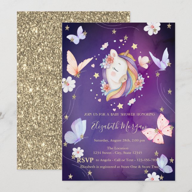 Unicorn Butterflies Glitter Violet Baby Shower Invitation (Front/Back)