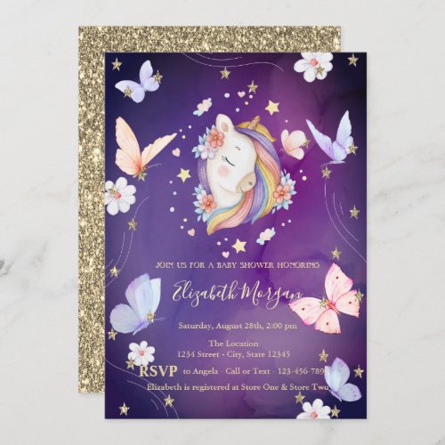 Unicorn Butterflies Glitter Violet Baby Shower Invitation