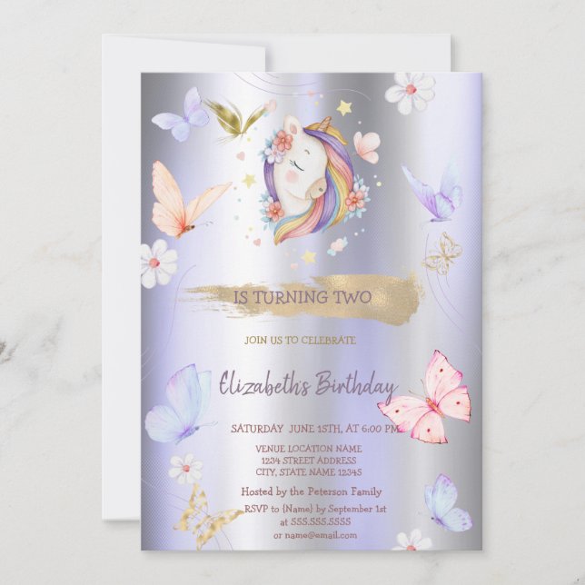 Unicorn Butterflies Violet Metallic Birthday  Invitation (Front)