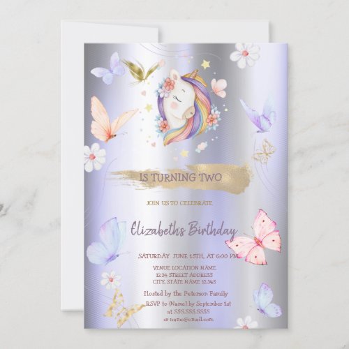 Unicorn Butterflies Violet Metallic Birthday  Invitation