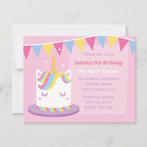 Unicorn Cake Bunting Flags Girls Birthday Party Invitation