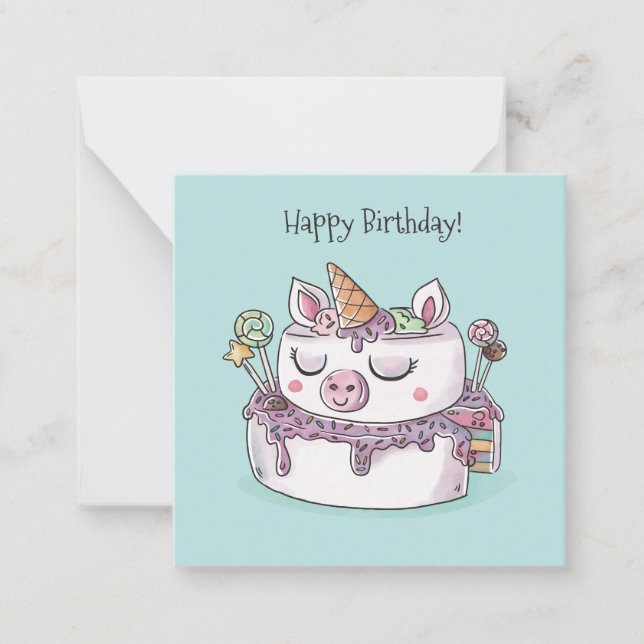Unicorn Cake Happy Birthday Note Card (Front)