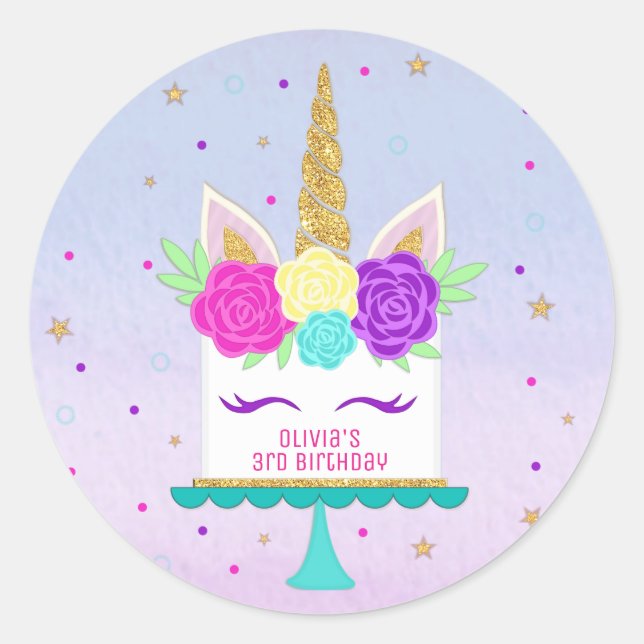 Unicorn Cake Stickers Pink Purple Gold (Front)