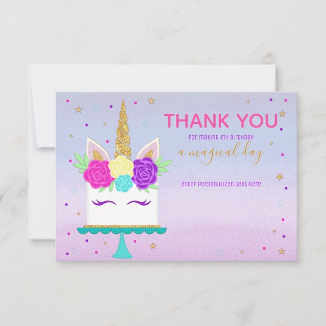 Unicorn Cake Thank You Note Pink Purple Gold (Front)