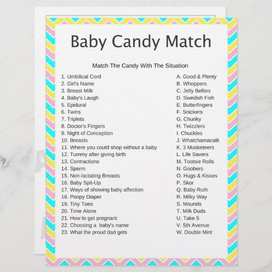 Unicorn Candy Match Baby Shower Game (Front/Back)