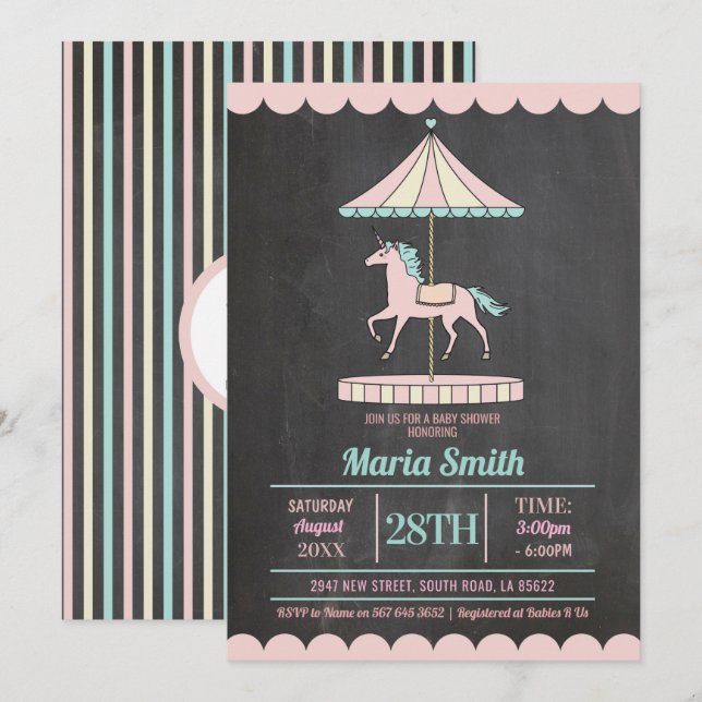 Unicorn Carousel Baby Shower Invite Girl Pink (Front/Back)