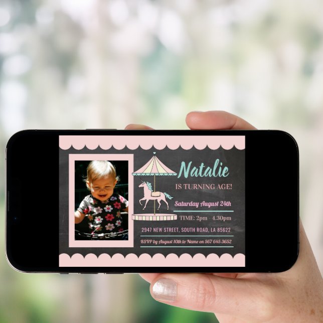 Unicorn Carousel Birthday Invite Pink Photo Chalk (Front Digital)