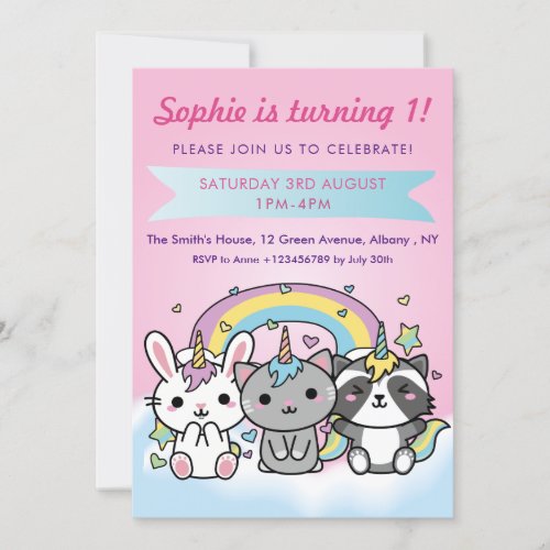 Unicorn Cartoon Animals Pastel Girls 1st Birthday Invitation