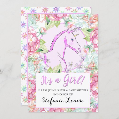 Unicorn Cartoon Pink Circle Its a Girl Invitation