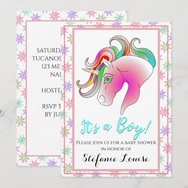 Unicorn Cartoon Rainbow It's a Boy! (gold horn) Invitation (Front/Back)