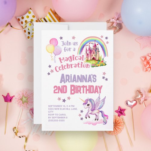 Unicorn Castle Little Girls 2nd Birthday  Invitation