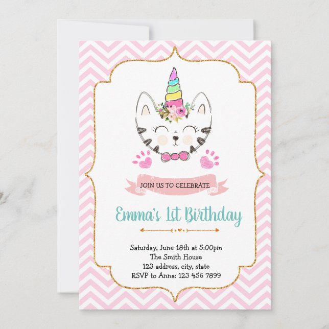 Unicorn cat birthday invitation (Front)