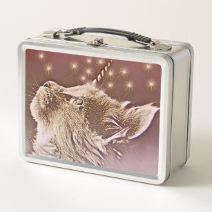 Unicorn Cat Caticorn Pink and Gold Metal Lunch Box