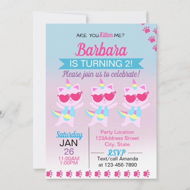 Unicorn Cat Heart Cartoon Invitation (Front)