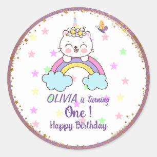 Unicorn Cat Rainbow Golden Purple 1st Birthday Classic Round Sticker