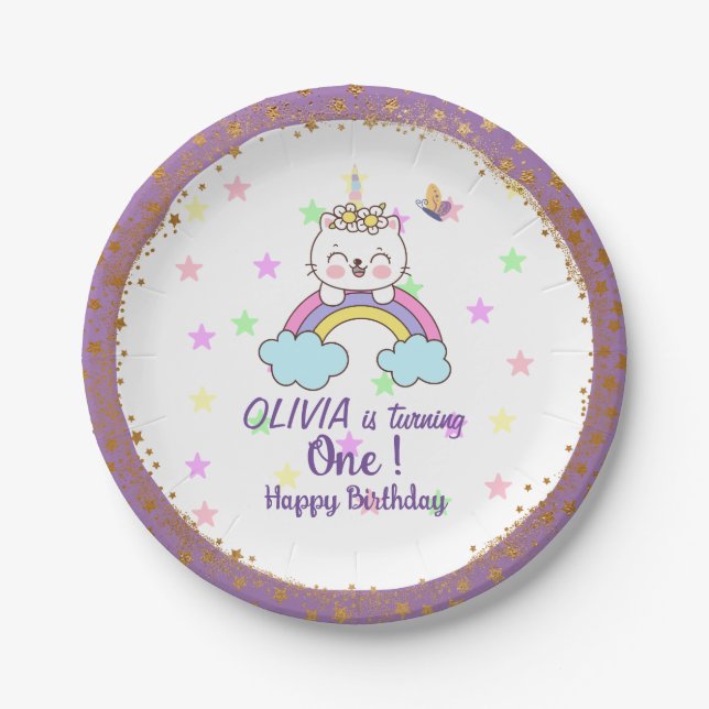 Unicorn Cat Rainbow Golden purple 1st Birthday Paper Plates (Front)