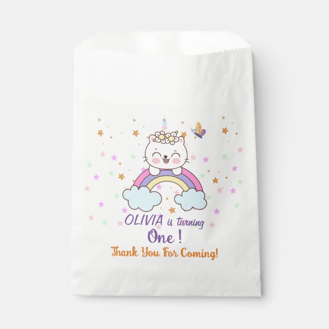 Unicorn Cat Rainbow Pastel Stars 1st Birthday  Favor Bag (Front)