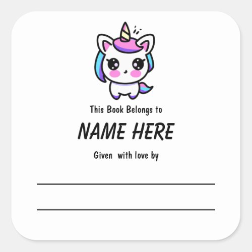 Unicorn Childrens Bookplate With Message Square S