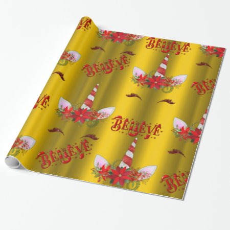 Unicorn Christmas Believe Gold Wrapping Paper