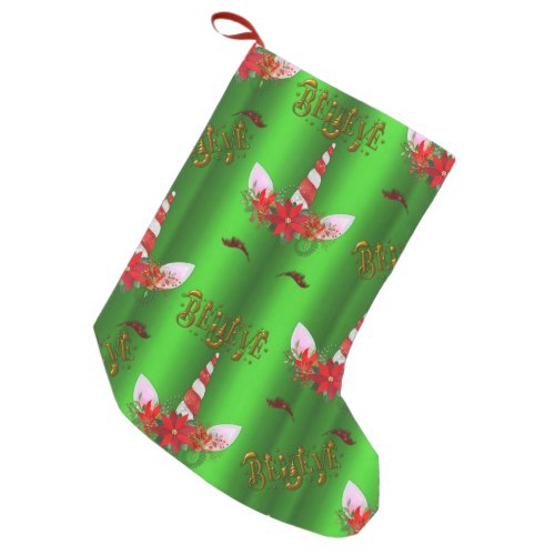 Unicorn Christmas Believe Green Small Christmas Stocking