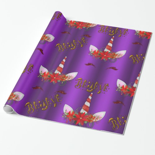 Unicorn Christmas Believe Purple Wrapping Paper