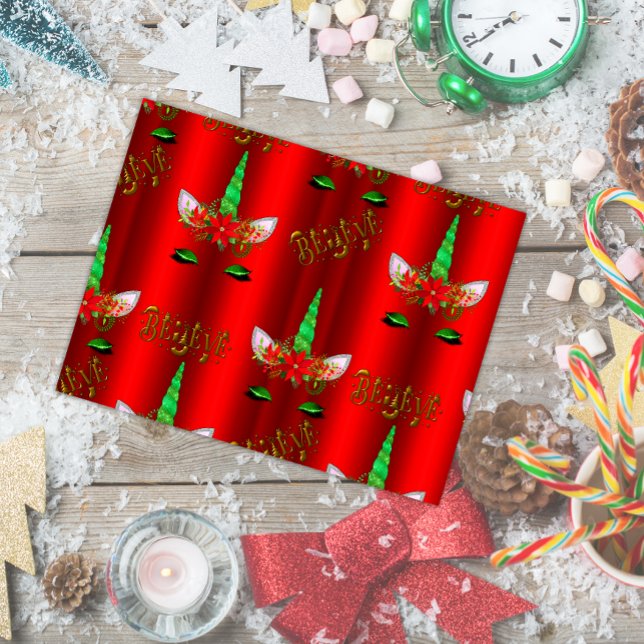 Unicorn Christmas Believe Red Postcard (Creator Uploaded)