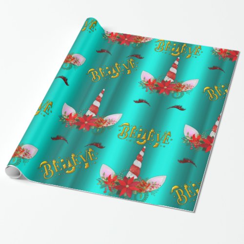 Unicorn Christmas Believe Teal Wrapping Paper