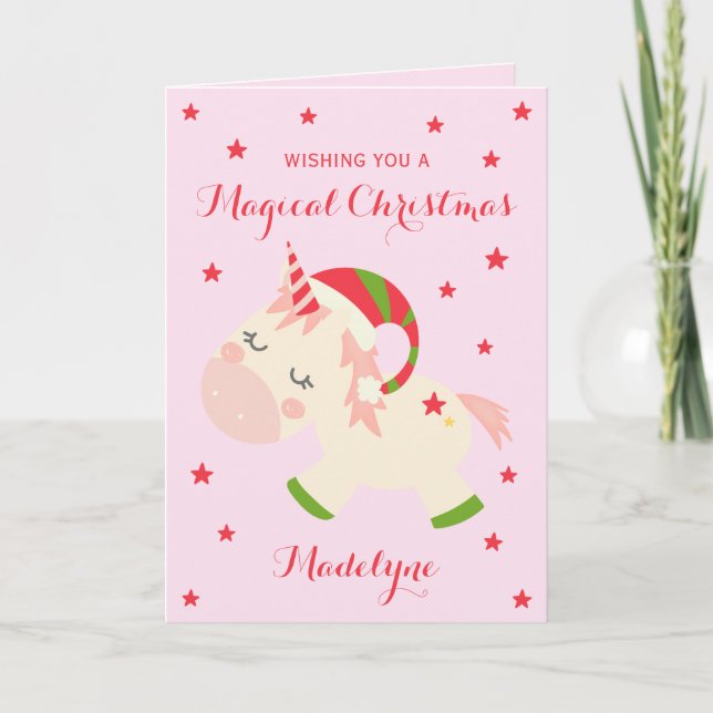 Unicorn Christmas Cute Personalized Pink Holiday Card (Front)