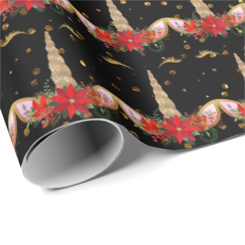 Unicorn Christmas Holiday Black Red Gold Glitter Wrapping Paper