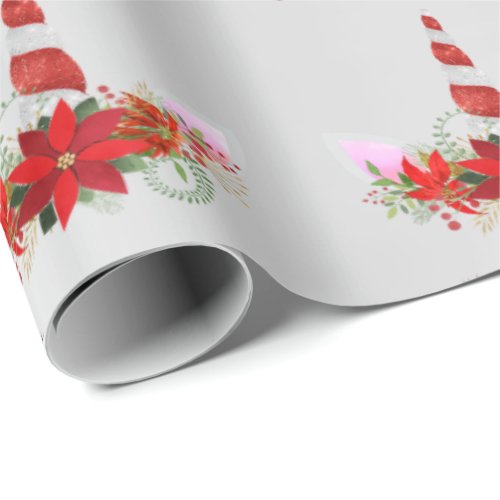 Unicorn Christmas Holiday Floral Gray Red Gold Wrapping Paper