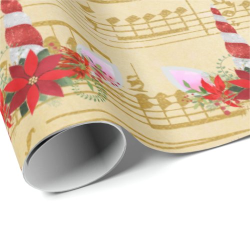 Unicorn Christmas Holiday Floral Music  Red Gold Wrapping Paper