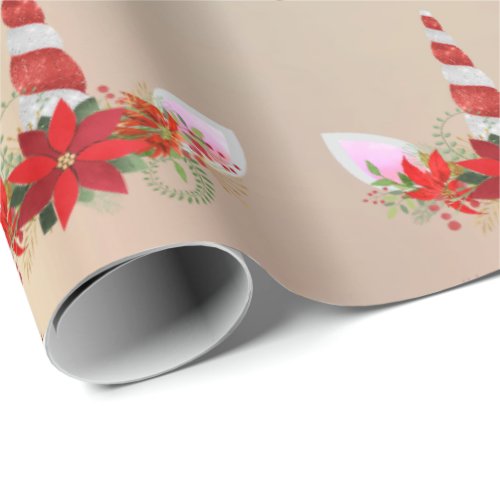 Unicorn Christmas Holiday Floral Rose  Red Gold Wrapping Paper