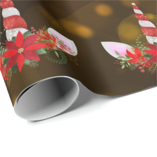 Unicorn Christmas Holiday Red Gold Bokeh Honey Wrapping Paper