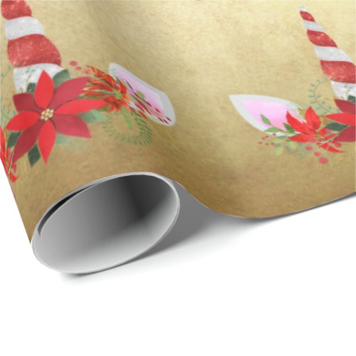 Unicorn Christmas Holiday Red Gold Floral Classy Wrapping Paper