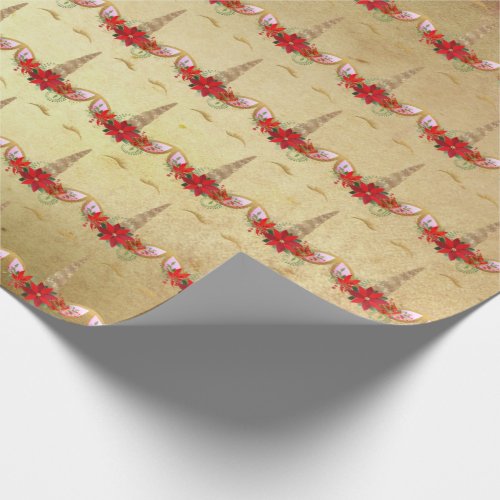 Unicorn Christmas Holiday Red Gold Floral Lashes Wrapping Paper
