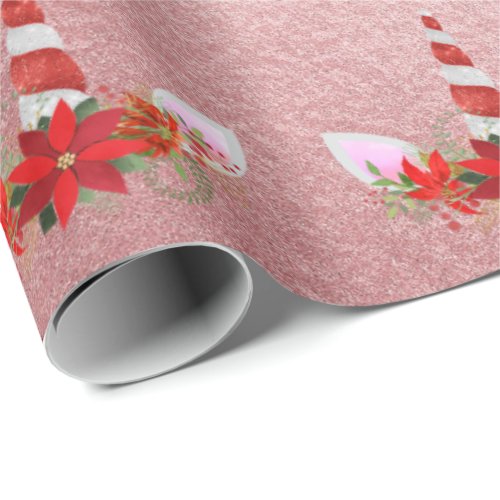 Unicorn Christmas Holiday Red Gold Floral Pink Ros Wrapping Paper