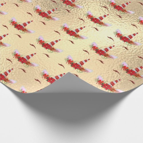 Unicorn Christmas Holiday Red Gold Floral Rose Wrapping Paper