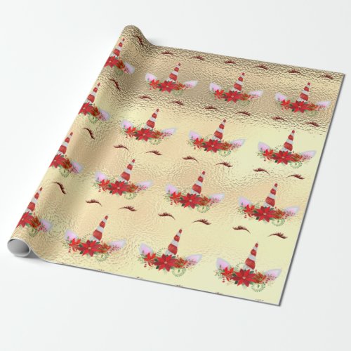 Unicorn Christmas Holiday Red Gold Glass Rose Wrapping Paper