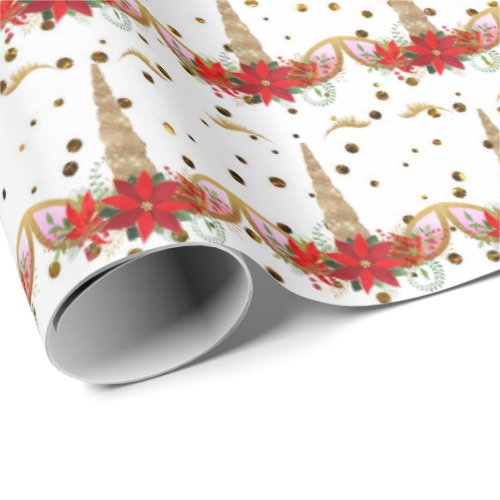 Unicorn Christmas Holiday Red Gold Glitter White Wrapping Paper