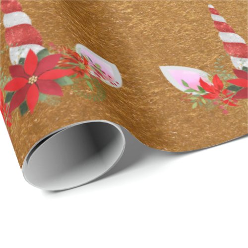 Unicorn Christmas Holiday Red Gold Kraft Rose Wrapping Paper