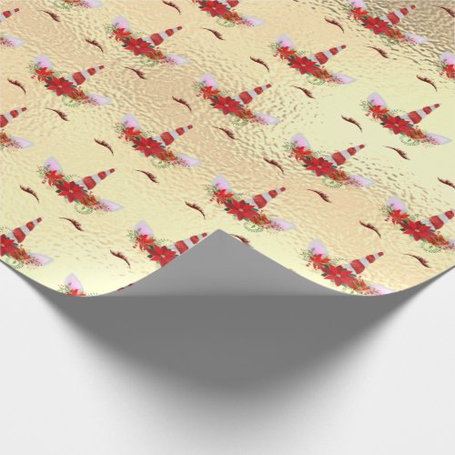Unicorn Christmas Holiday Red Gold Metallic Rose Wrapping Paper
