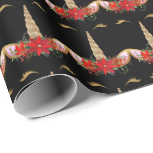 Unicorn Christmas Holidays Floral Black Gold Red Wrapping Paper