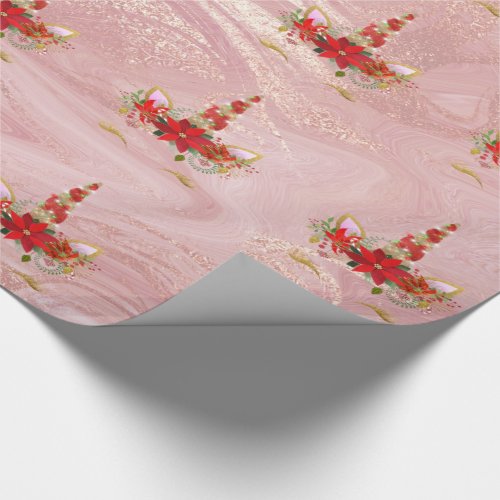 Unicorn Christmas Holidays Floral Gold Pink Marble Wrapping Paper