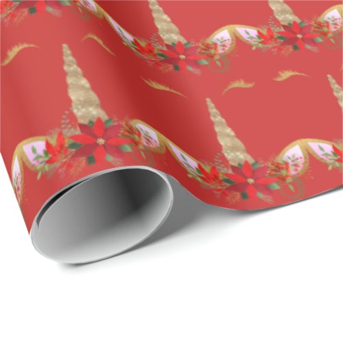 Unicorn Christmas Holidays Floral Joy Gold Red Wrapping Paper