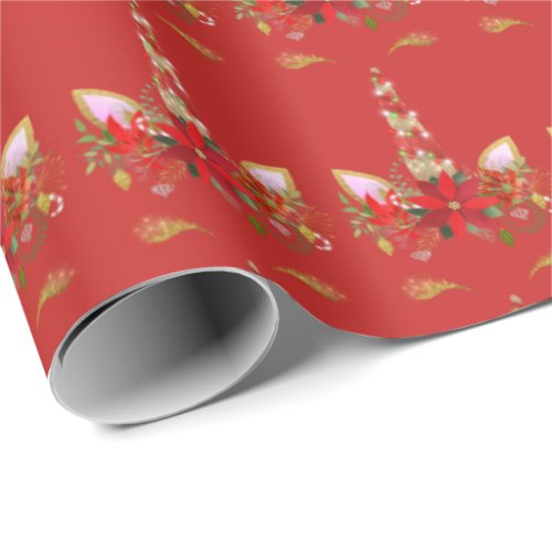 Unicorn Christmas Holidays Floral Lux Gold Red Wrapping Paper