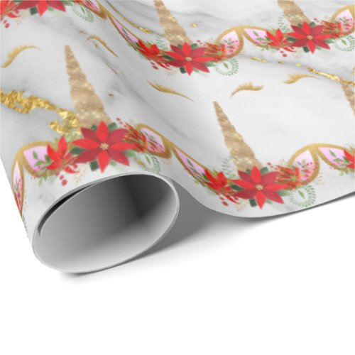 Unicorn Christmas Holidays Floral Marble Gold Red Wrapping Paper