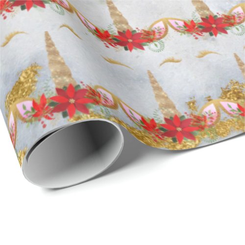 Unicorn Christmas Holidays Floral Marble Gold Red Wrapping Paper