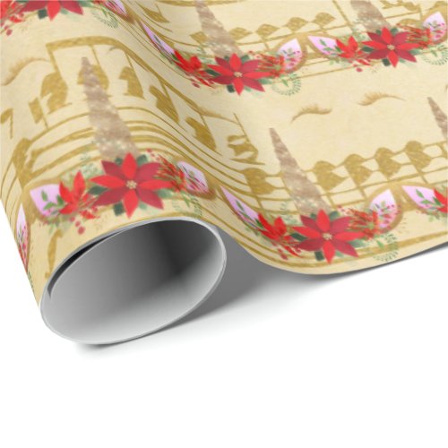 Unicorn Christmas Holidays Floral Music Gold Red Wrapping Paper